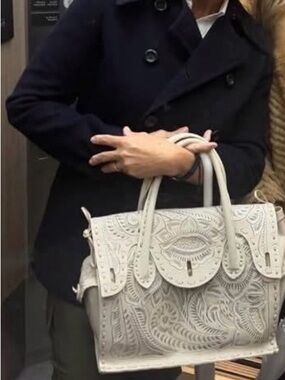 Carving Tribes White Tooled Leather Satchel-Patricia Nash Artisan